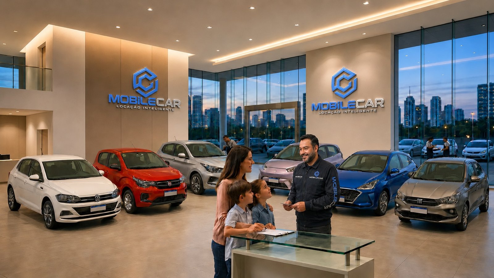 Atendimento a uma família na loja MobileCar, com veículos em exposição